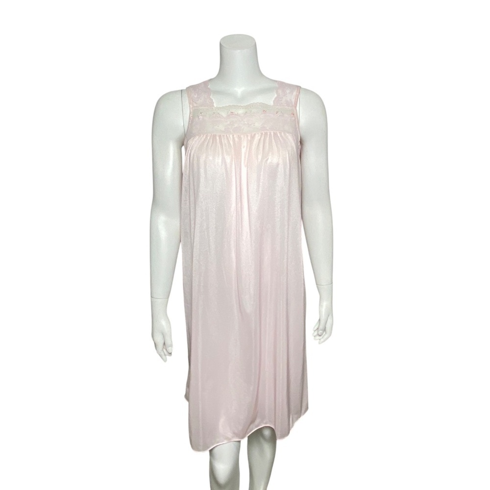 Vintage Katz Sleeveless Nightgown Pink Embroidered Lace Yoke Made In USA Size S